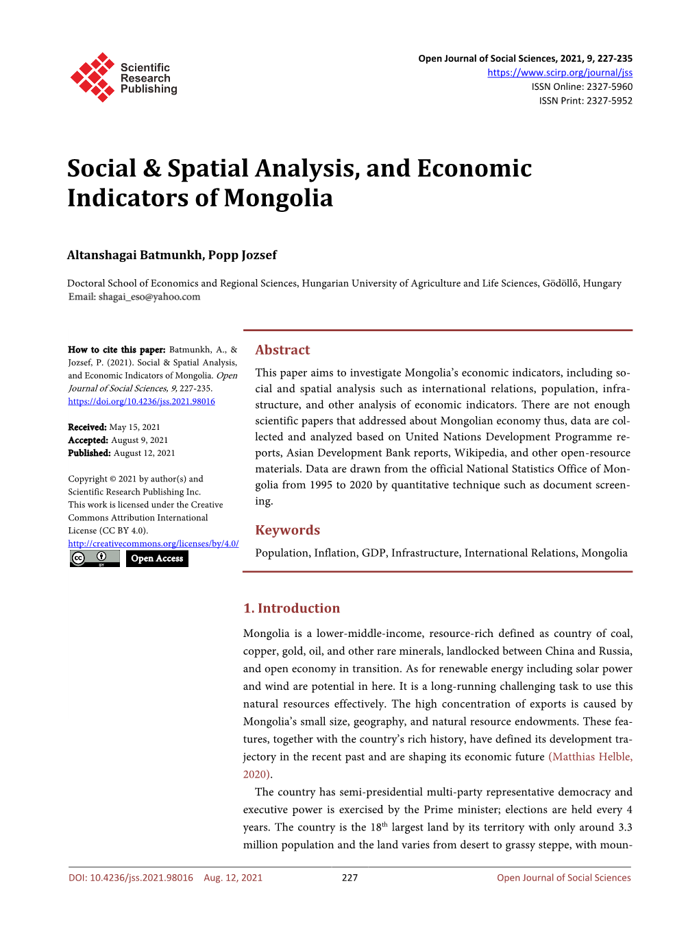 Social & Spatial Analysis, and Economic Indicators of Mongolia