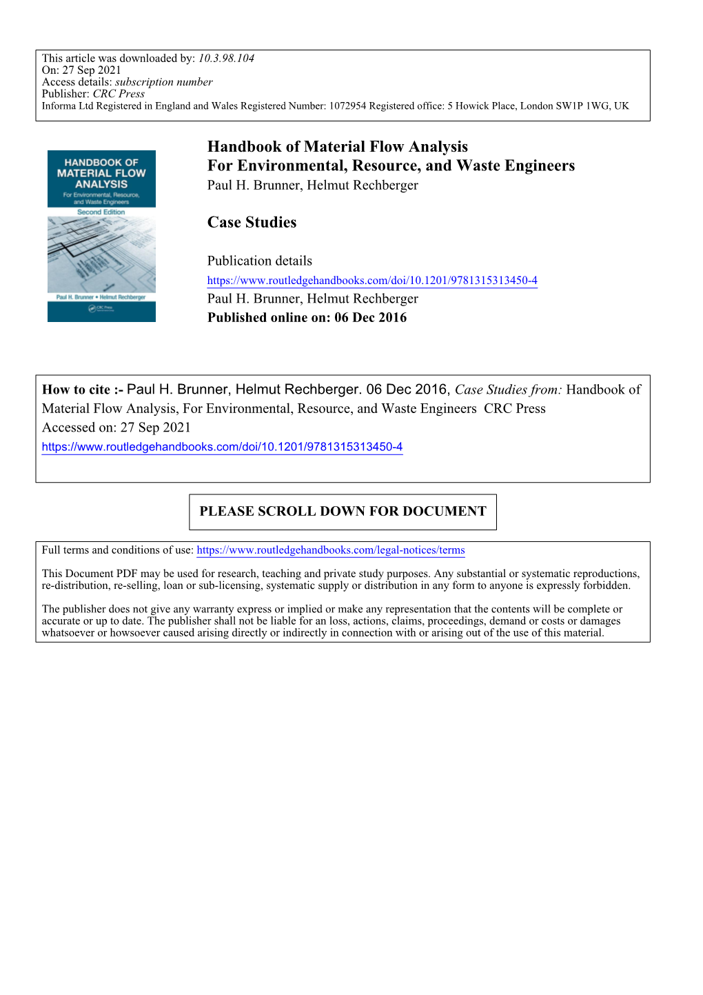 Handbook of Material Flow Analysis for Environmental, Resource, and Waste Engineers Case Studies