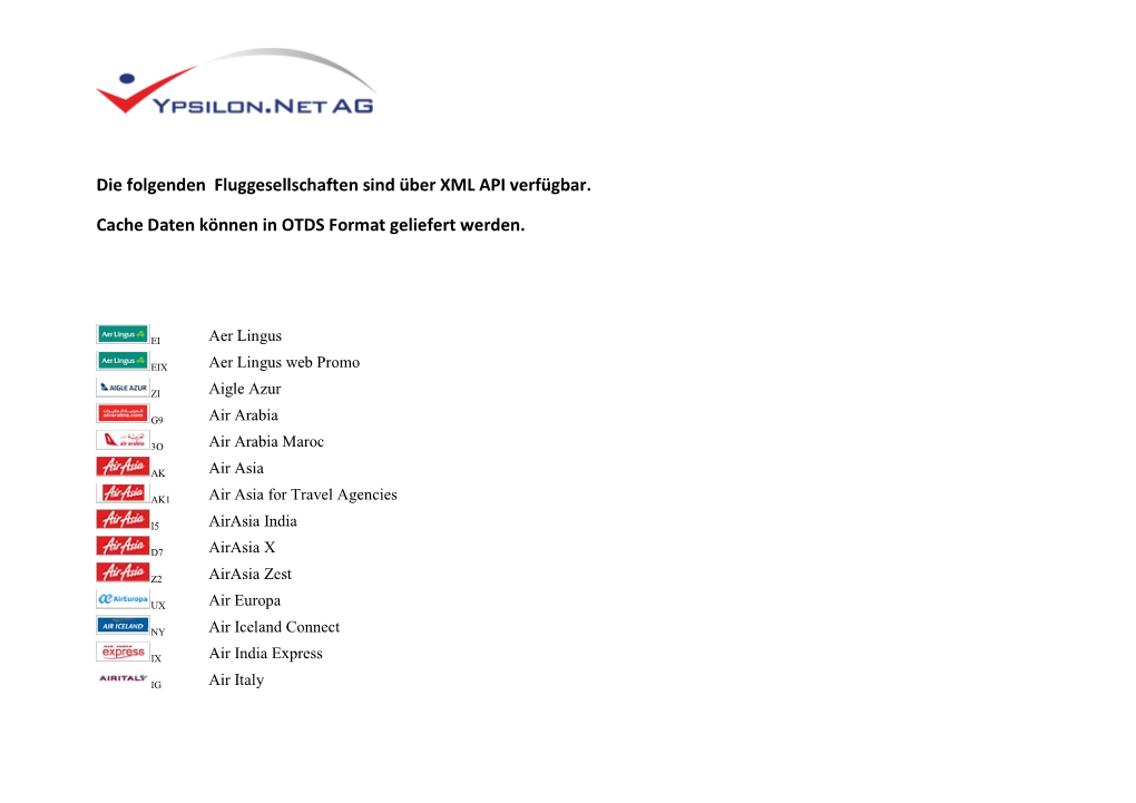 Die Folgenden Fluggesellschaften Sind Über XML API Verfügbar. Cache