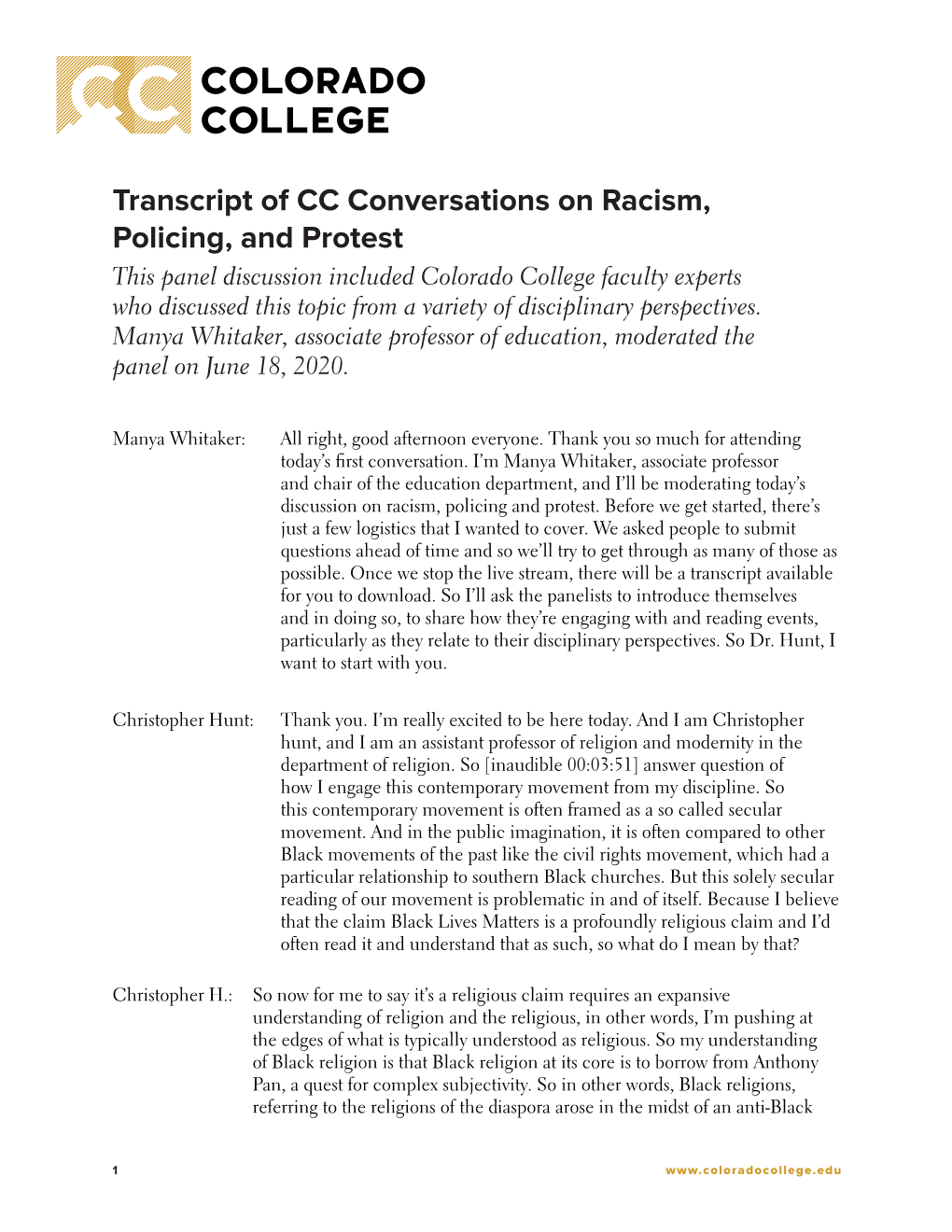 Transcript of CC Conversations on Racism, Policing, and Protest