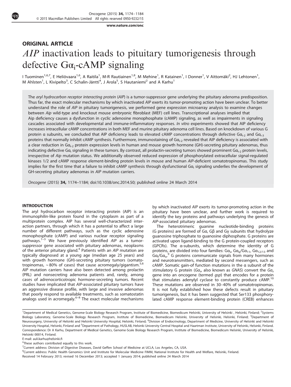 AIP Inactivation Leads to Pituitary Tumorigenesis Through Defective G&Alpha;I-Camp Signaling