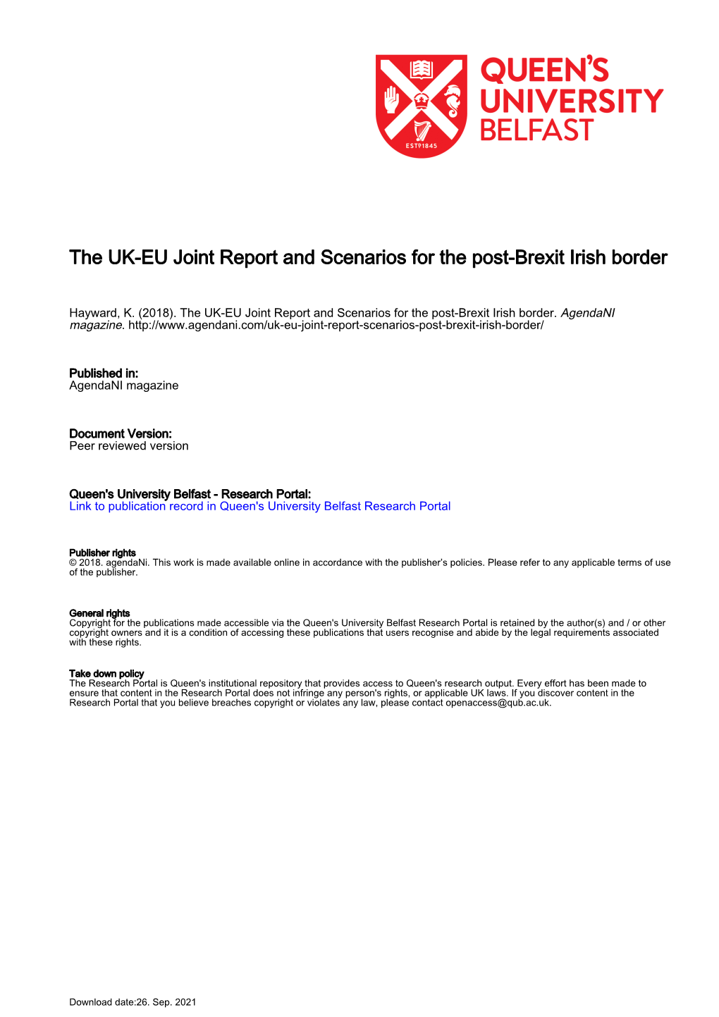 The UK-EU Joint Report and Scenarios for the Post-Brexit Irish Border