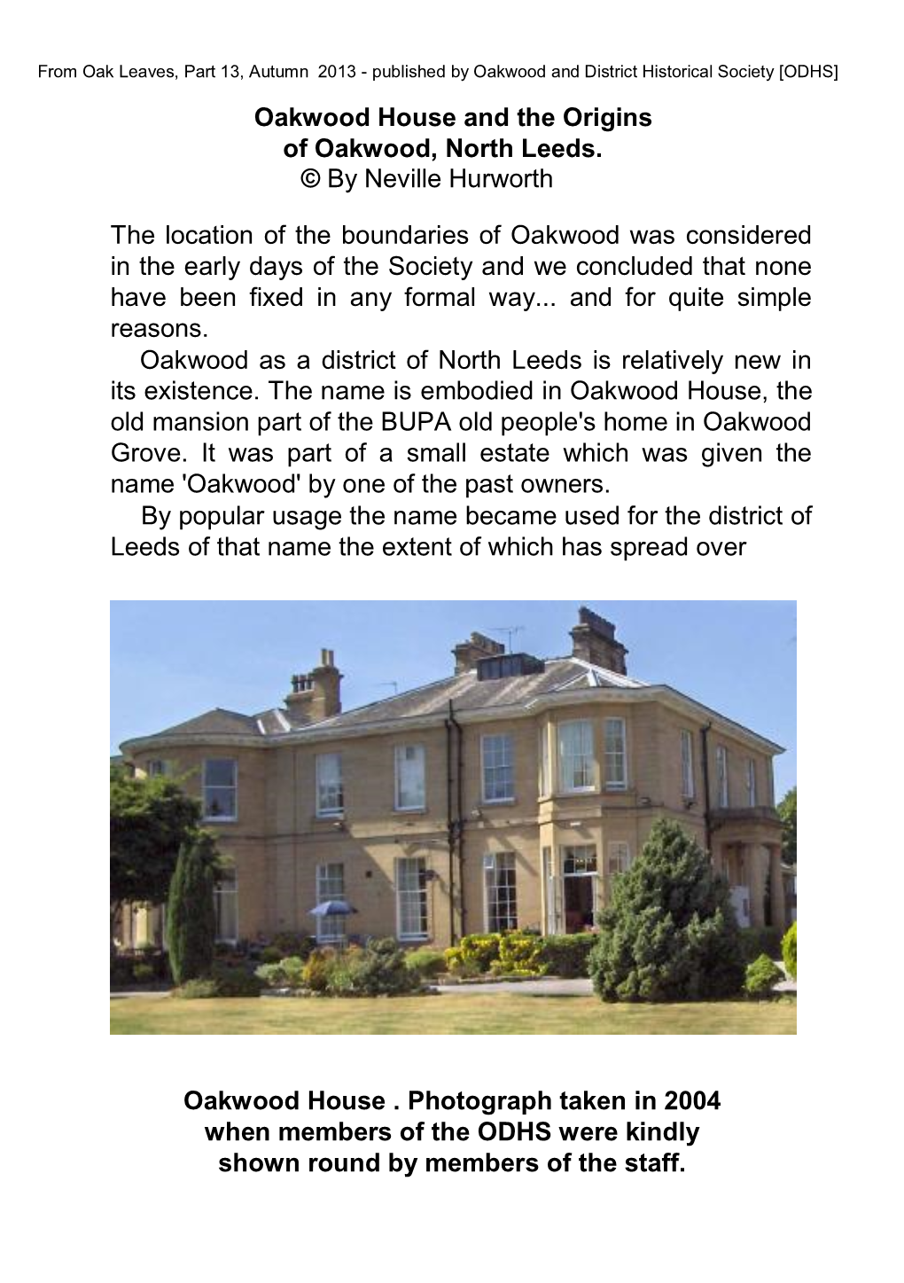 Oakwood House and the Origins of Oakwood, North Leeds