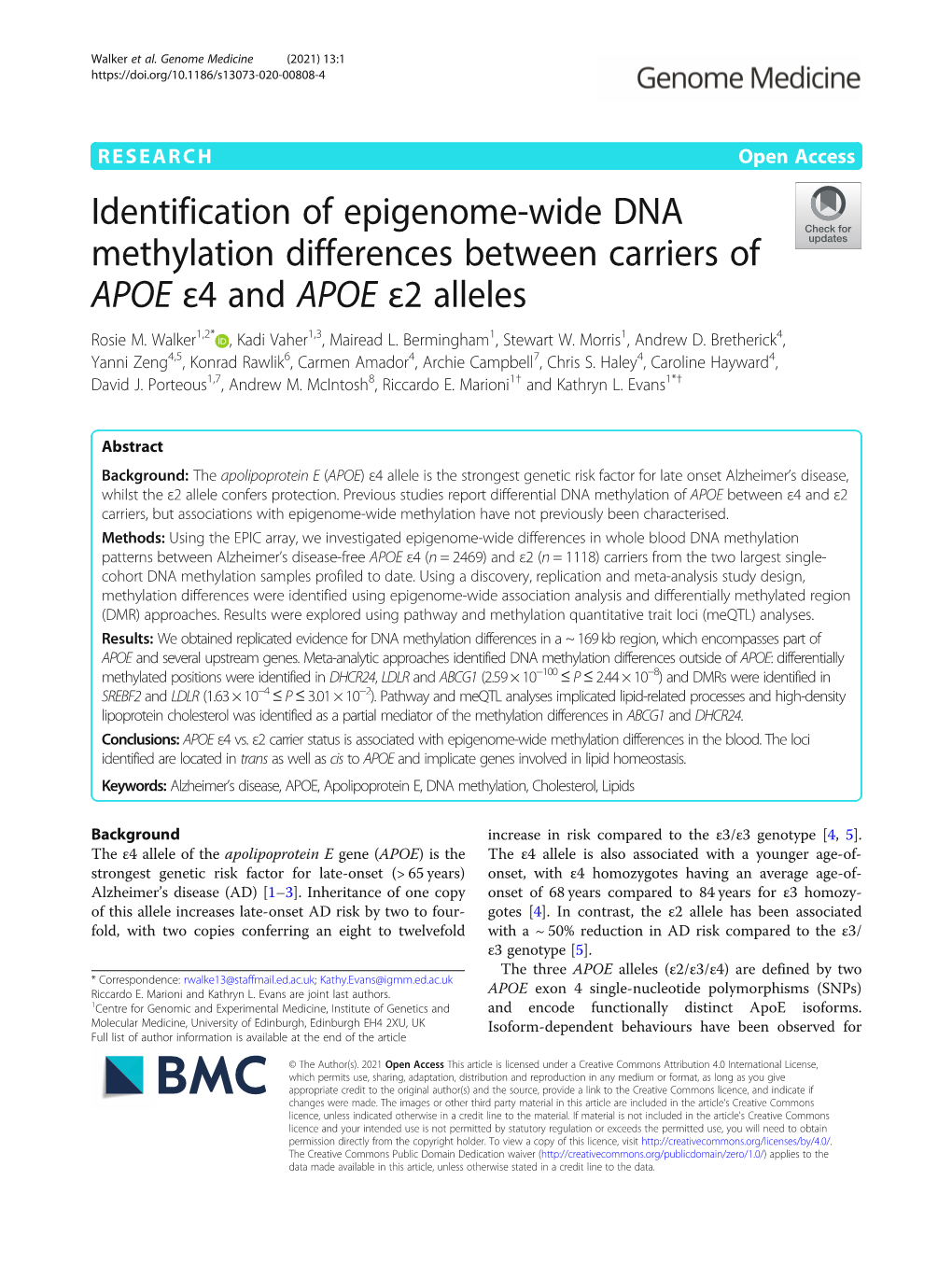 Identification of Epigenome-Wide DNA Methylation Differences Between Carriers of APOE Ε4 and APOE Ε2 Alleles Rosie M