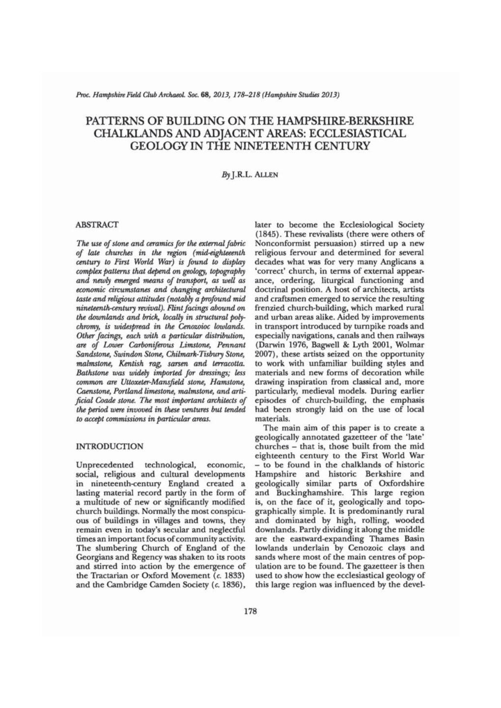 Patterns of Building on the Hampshire-Berkshire Chalklands and Adjacent Areas: Ecclesiastical Geology in the Nineteenth Century