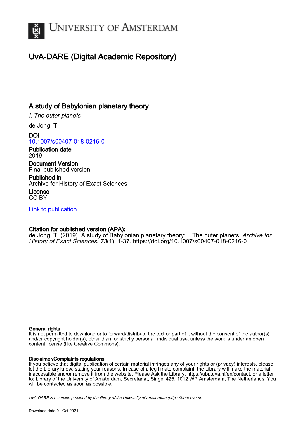 A Study of Babylonian Planetary Theory I. the Outer Planets De Jong, T
