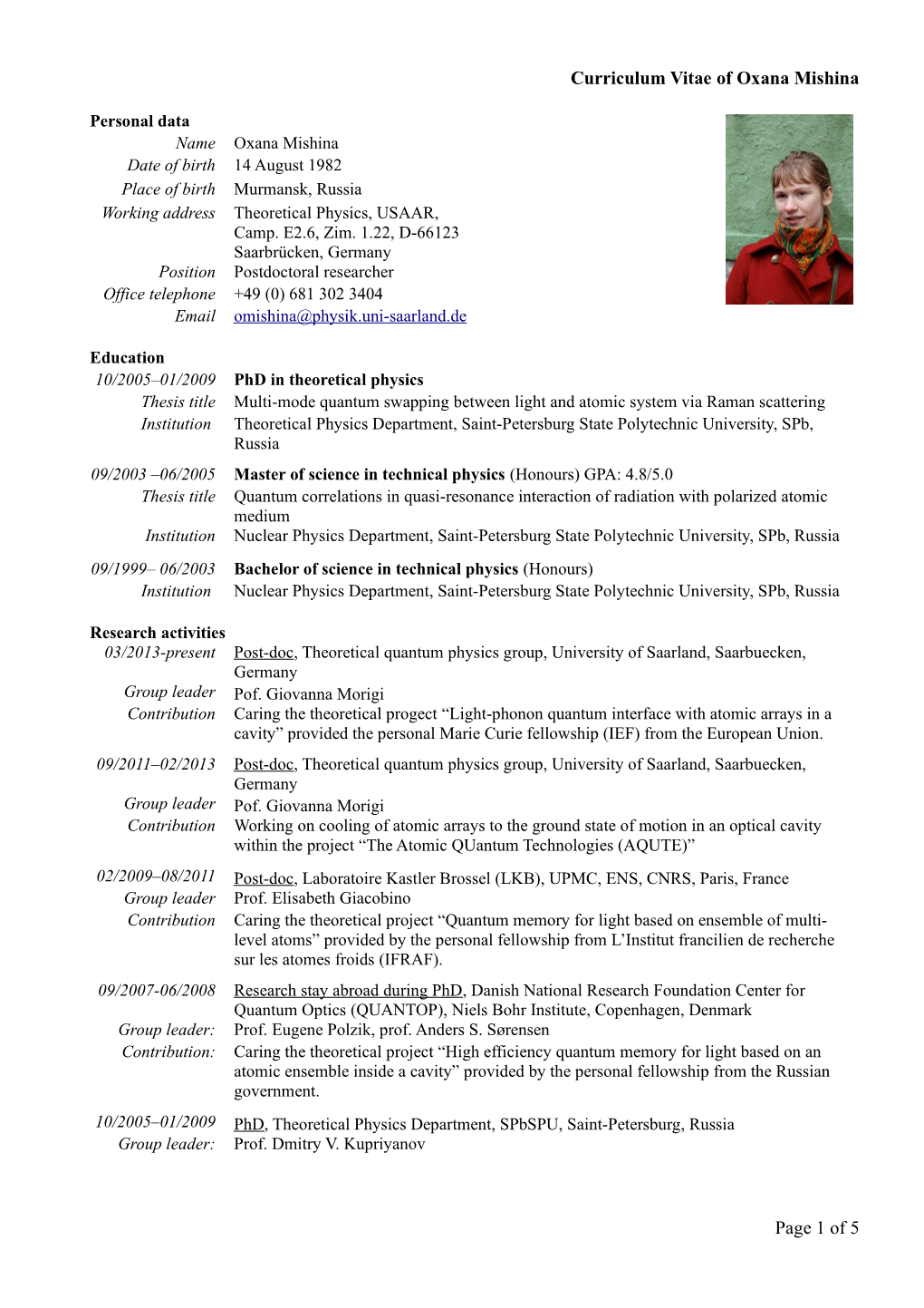 Curriculum Vitae of Oxana Mishina Page 1 of 5