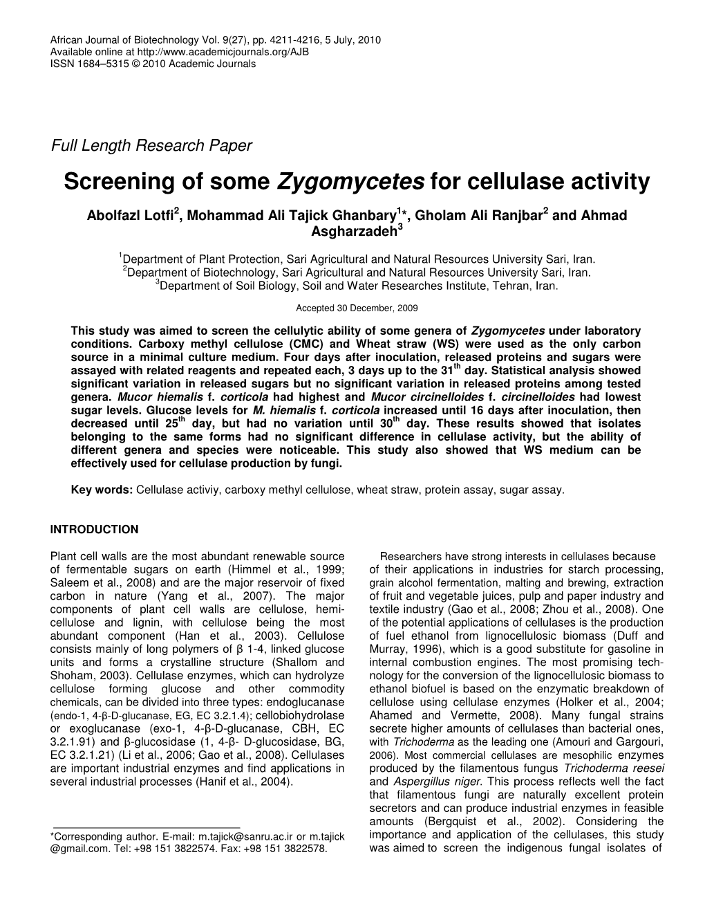 Screening of Some Zygomycetes for Cellulase Activity