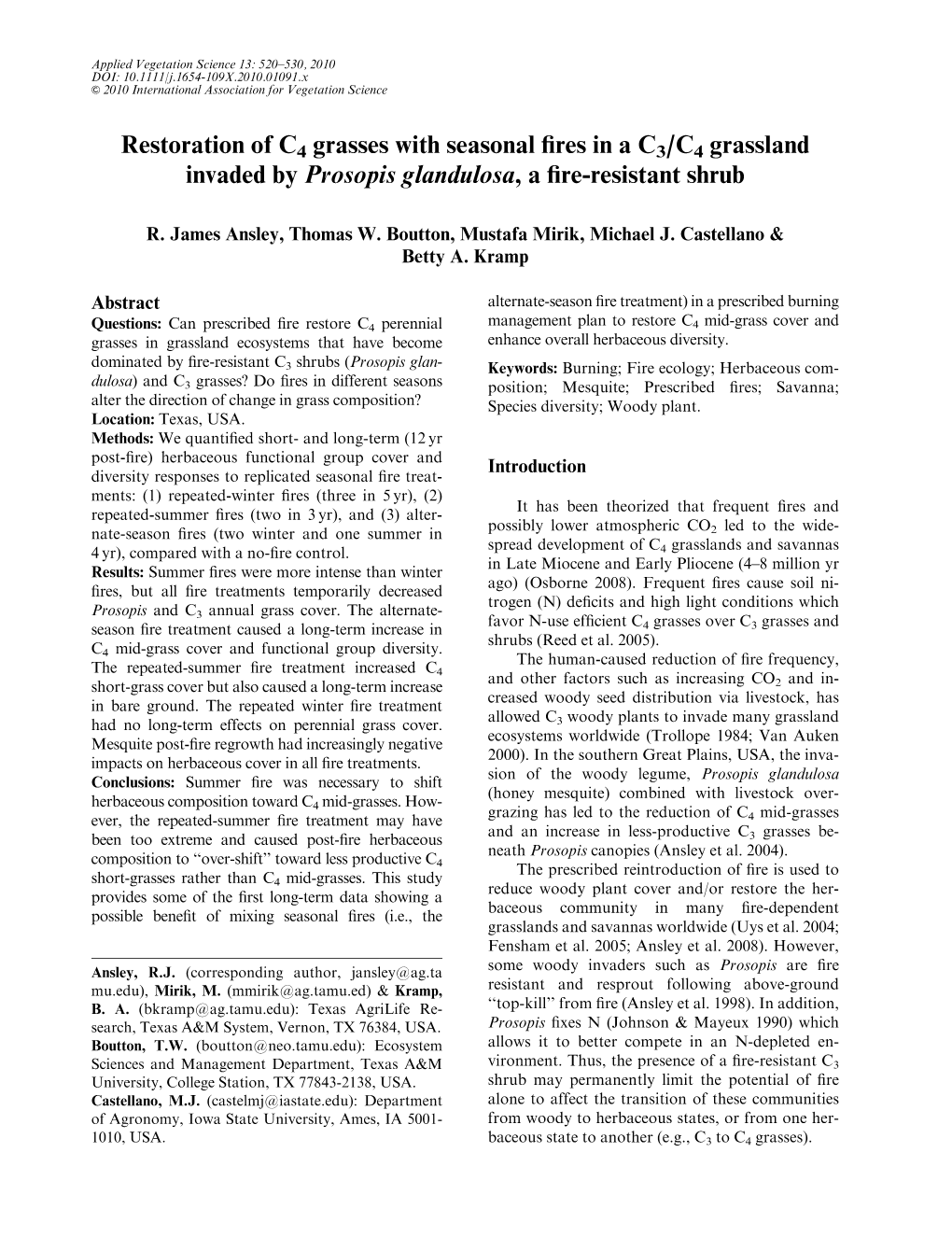 Restoration of C4 Grasses with Seasonal Fires in a C3C4 Grassland