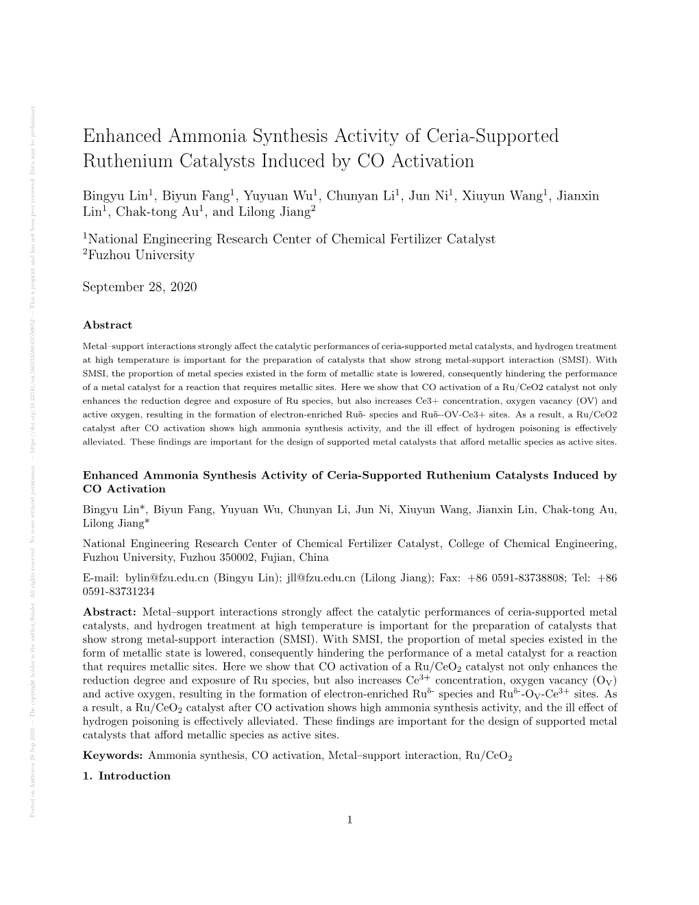 Enhanced Ammonia Synthesis Activity of Ceria-Supported Ruthenium