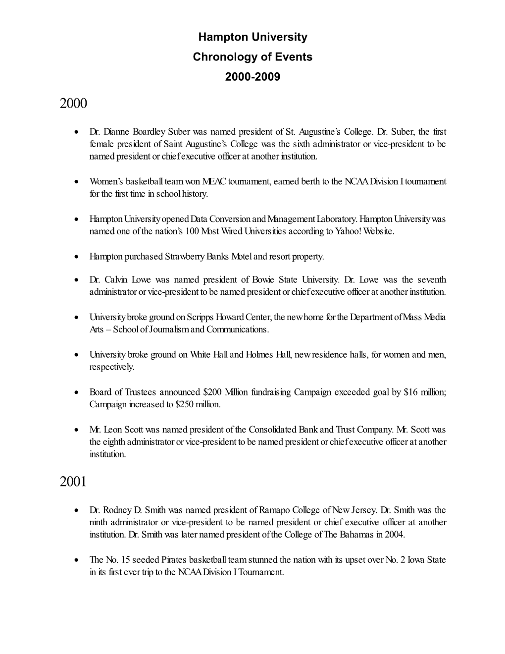 Hampton University Chronology of Events 2000-2009