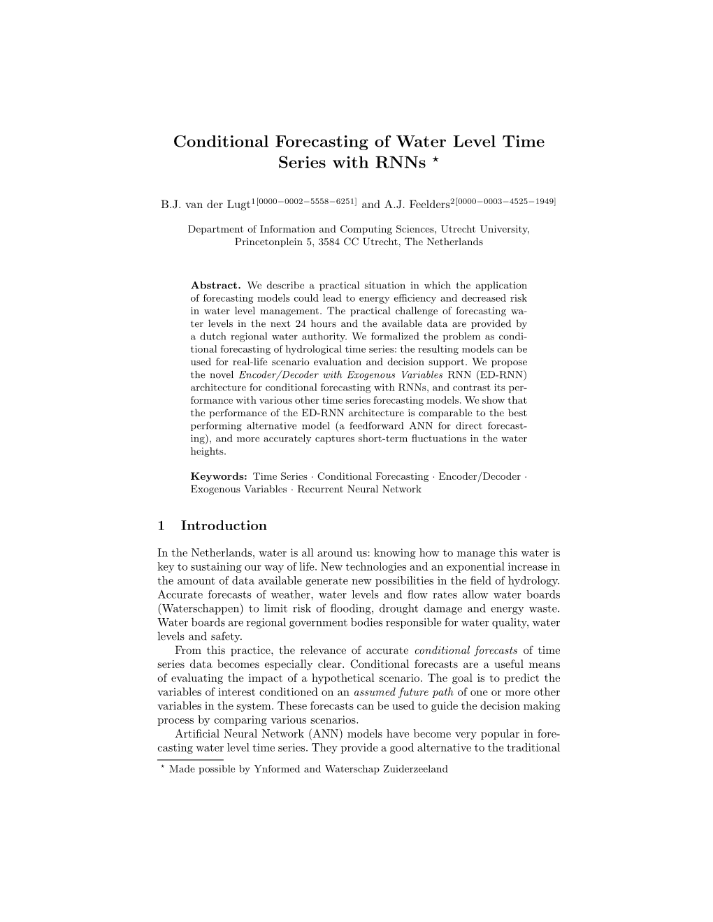 Conditional Forecasting of Water Level Time Series with Rnns ⋆