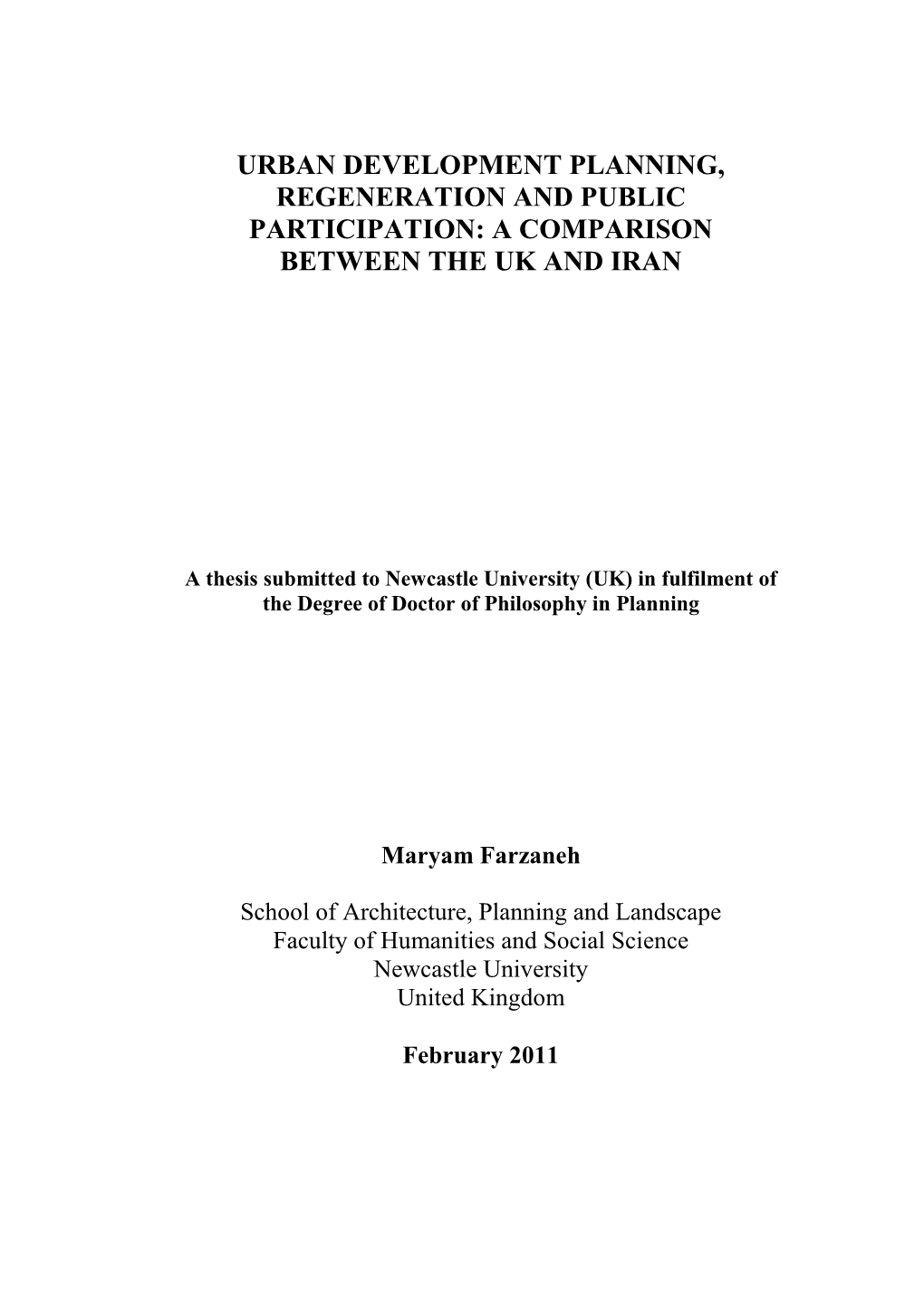 Urban Development Planning, Regeneration and Public Participation: a Comparison Between the Uk and Iran