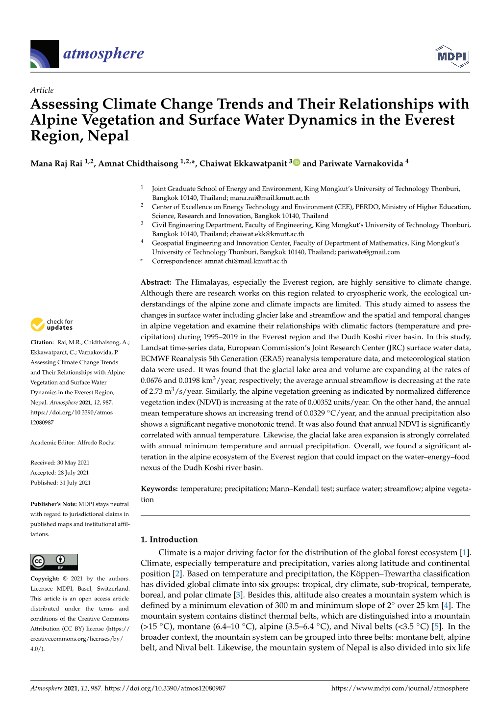 Assessing Climate Change Trends and Their Relationships with Alpine Vegetation and Surface Water Dynamics in the Everest Region, Nepal