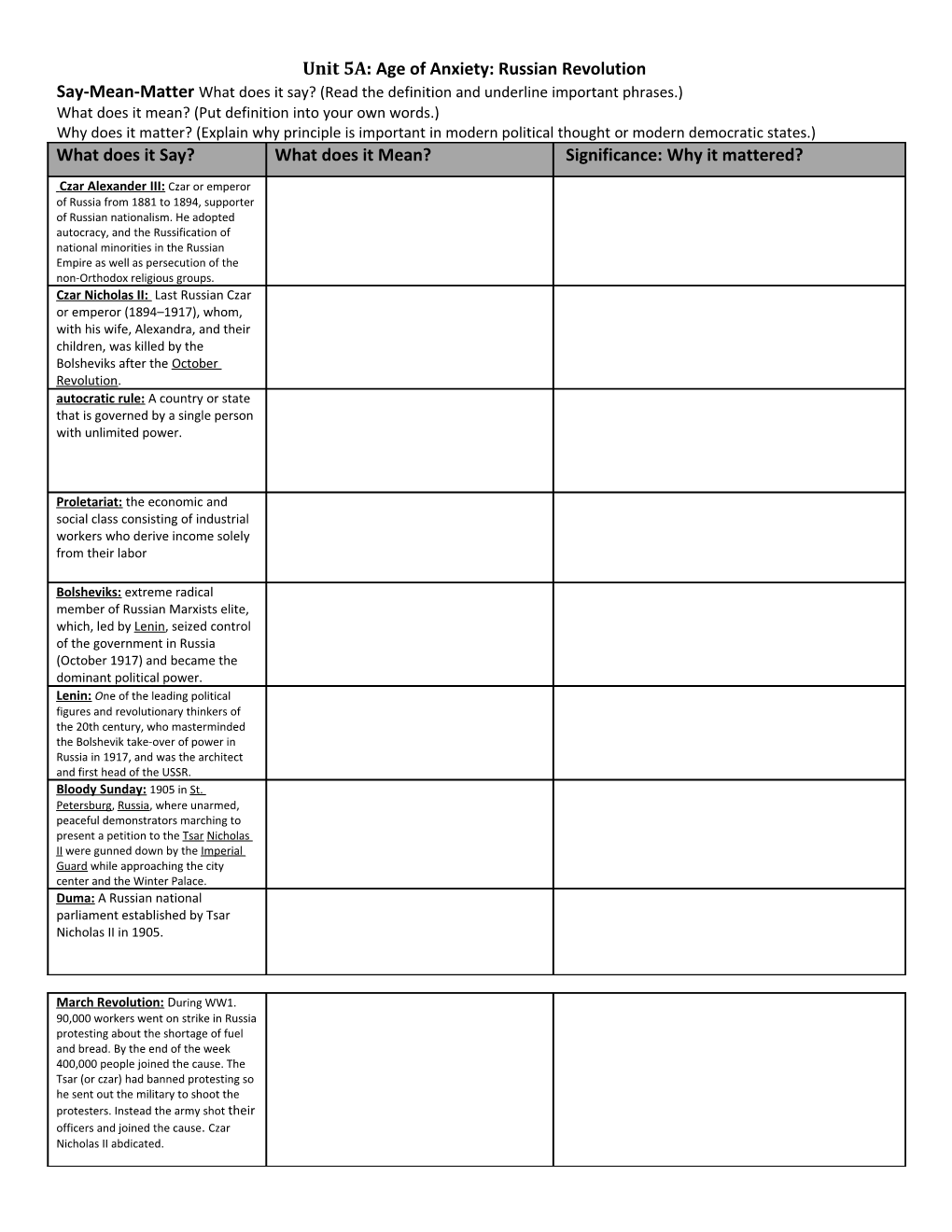 Unit 5A: Age of Anxiety: Russian Revolution