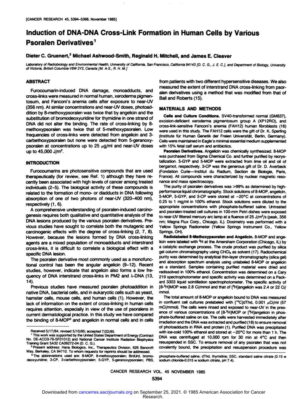 Induction of DNA-DNA Cross-Link Formation in Human Cells by Various Psoralen Derivatives1