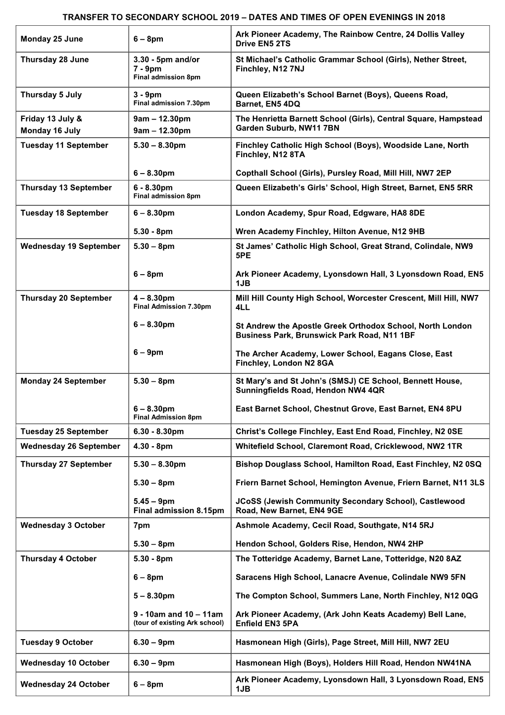 Transfer to Secondary School 2019 – Dates and Times of Open Evenings in 2018