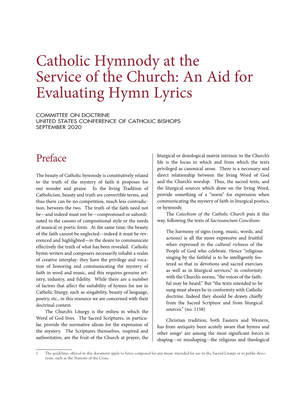 Catholic Hymnody at the Service of the Church: an Aid for Evaluating Hymn Lyrics