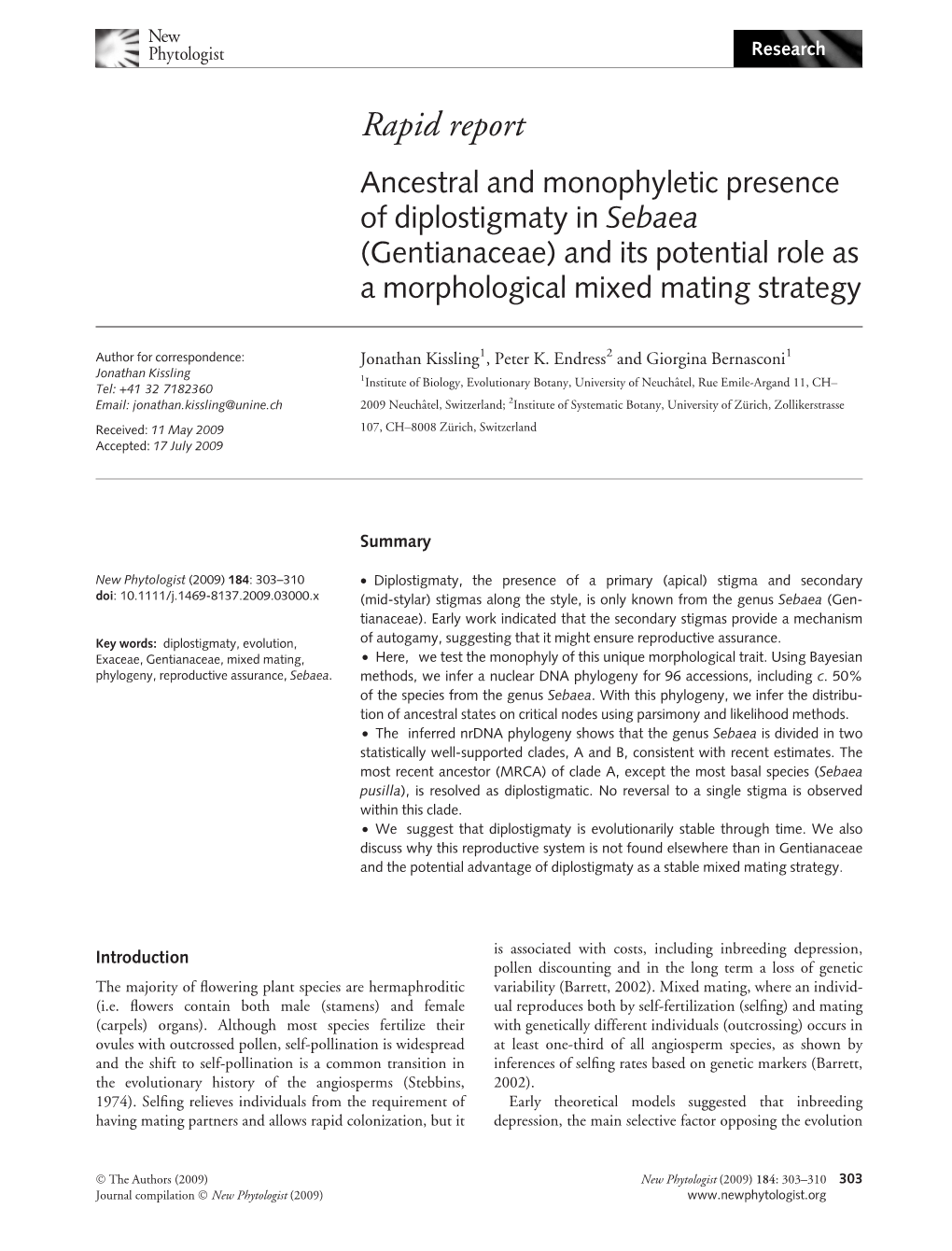 Rapid Report Ancestral and Monophyletic Presence of Diplostigmaty in Sebaea (Gentianaceae) and Its Potential Role As a Morphological Mixed Mating Strategy