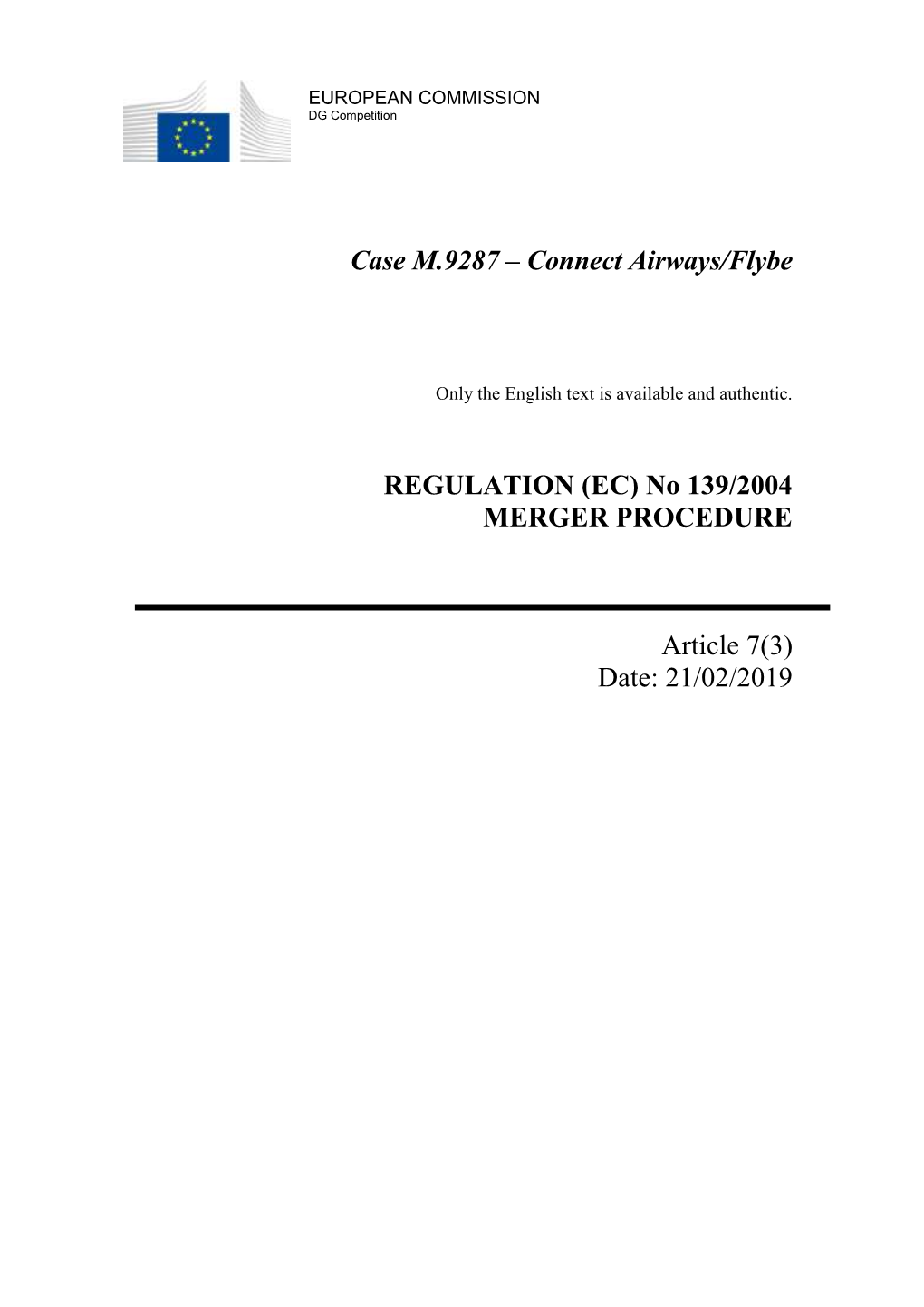 Case M.9287 – Connect Airways/Flybe REGULATION (EC)