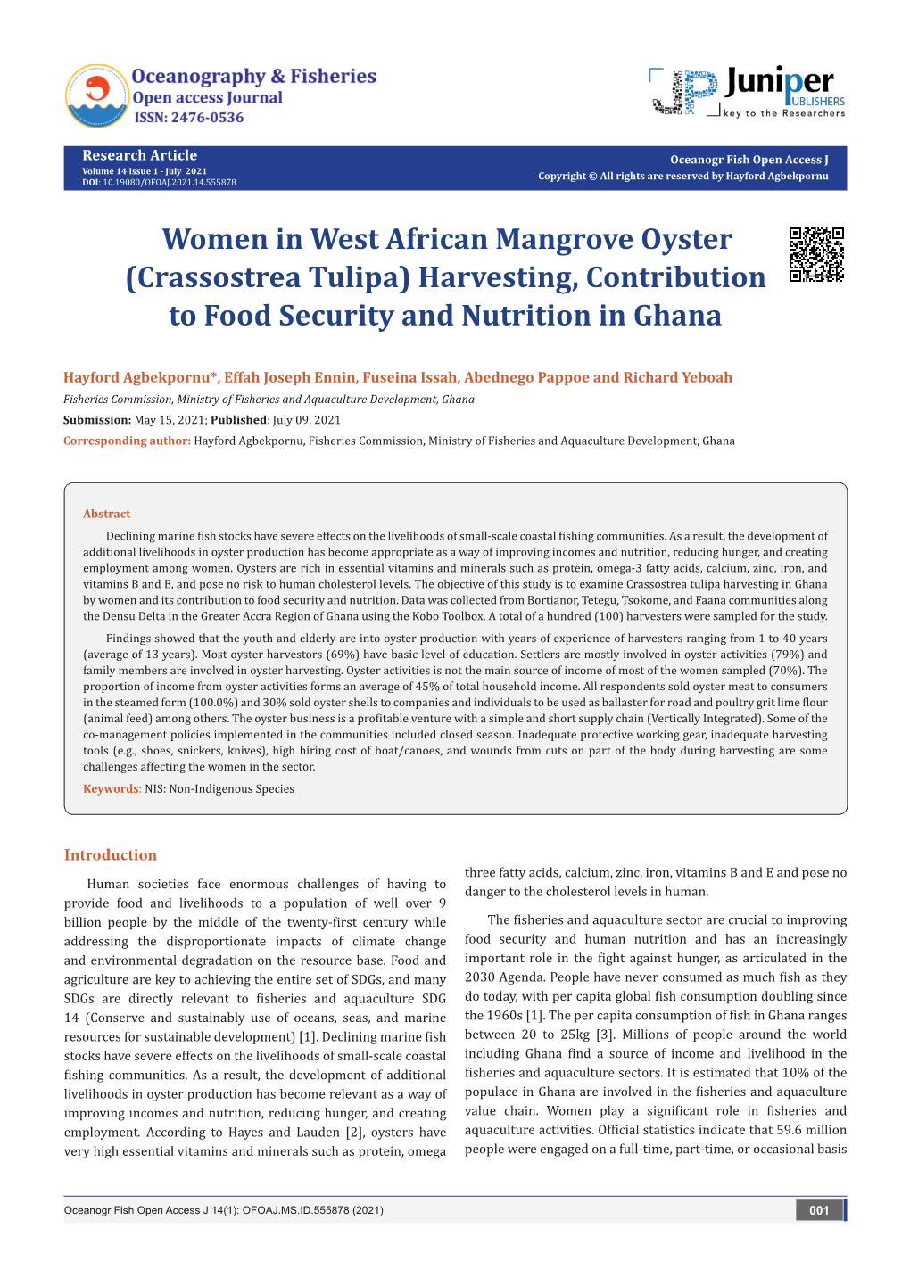Women in West African Mangrove Oyster (Crassostrea Tulipa) Harvesting, Contribution to Food Security and Nutrition in Ghana