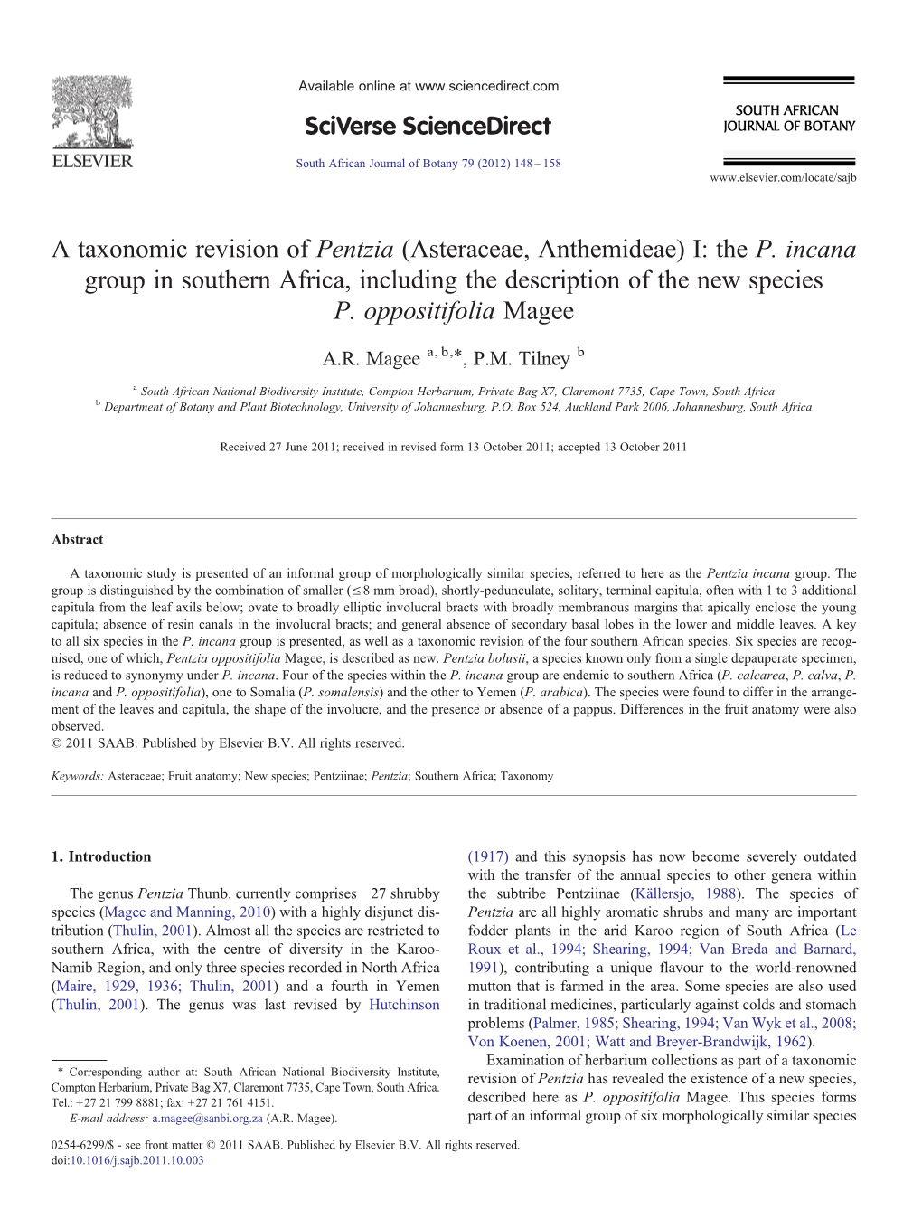 A Taxonomic Revision of Pentzia (Asteraceae, Anthemideae) I: the P