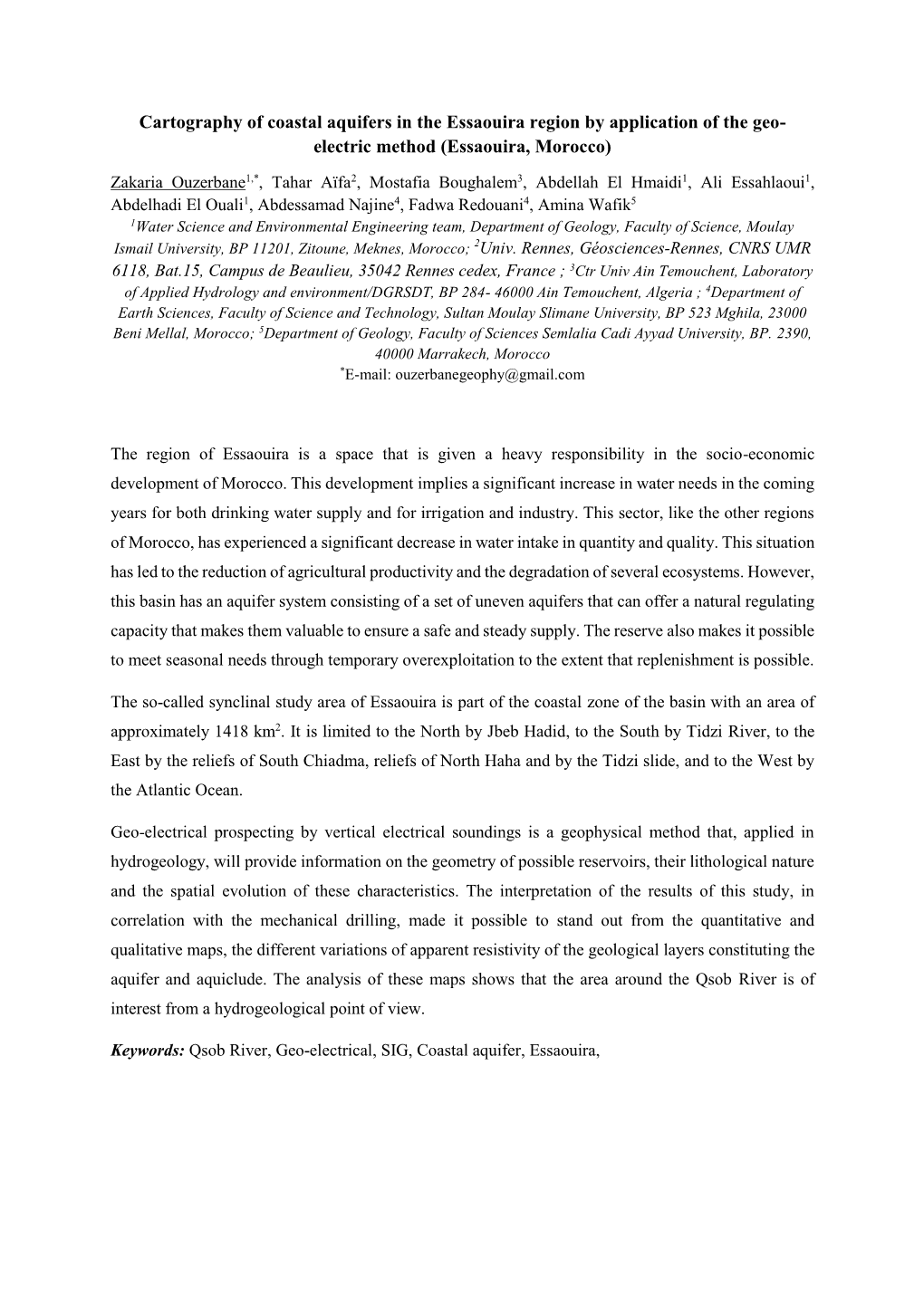 Cartography of Coastal Aquifers in the Essaouira Region by Application of the Geo- Electric Method (Essaouira, Morocco)