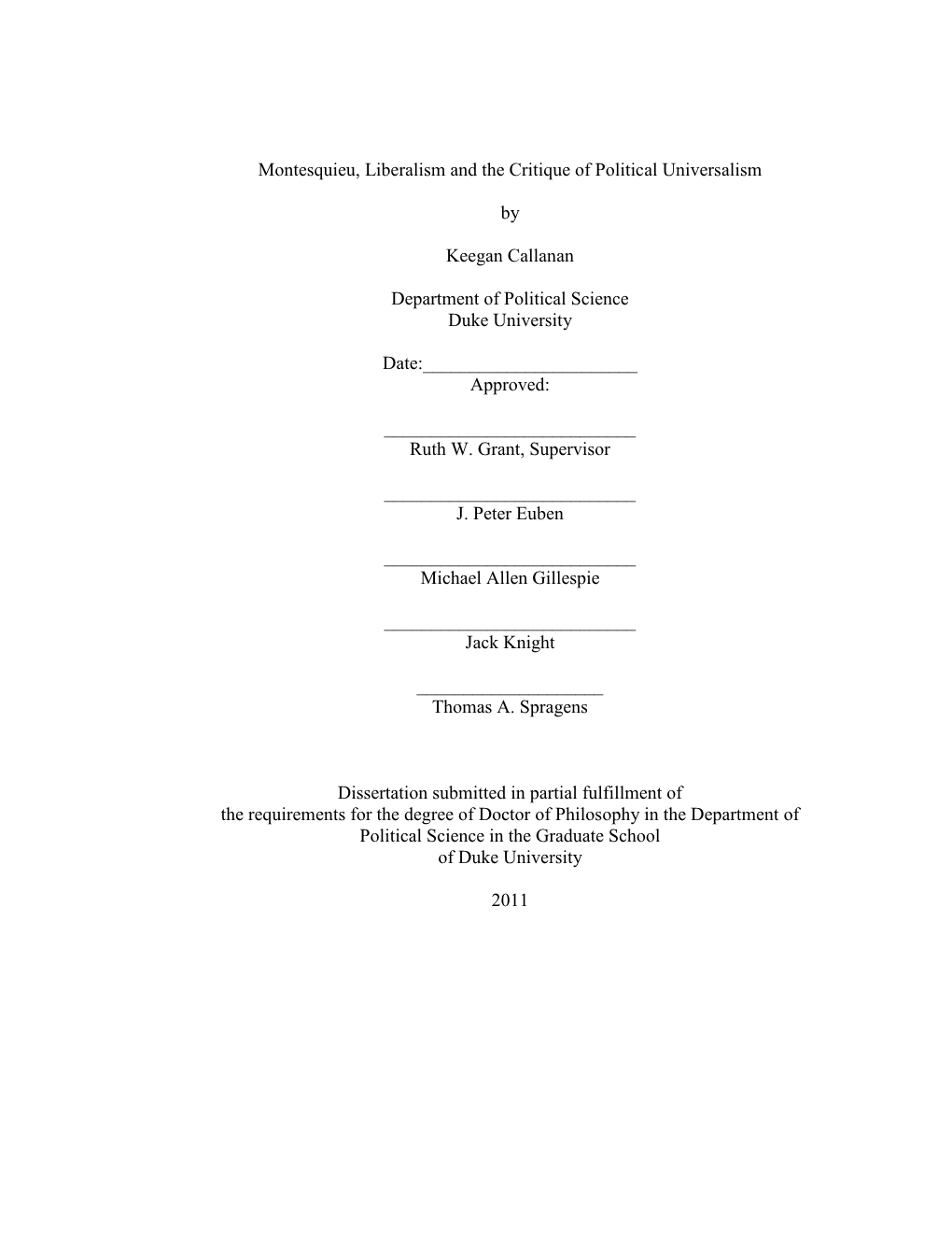 Montesquieu, Liberalism and the Critique of Political Universalism