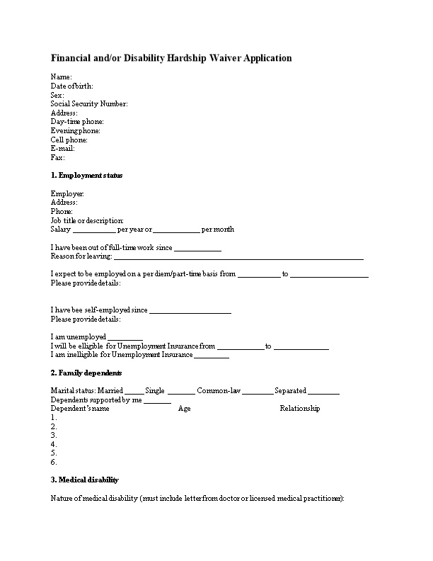 Financial And/Or Disability Hardship Waiver Application