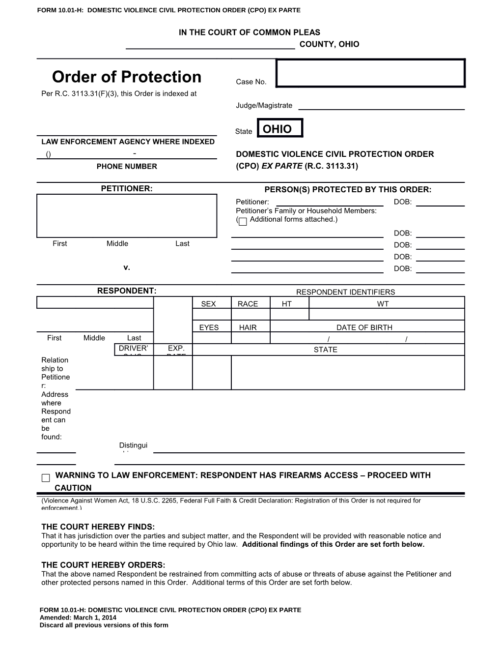 Form 10.01-H: Domestic Violence Civil Protection Order (Cpo) Ex Parte