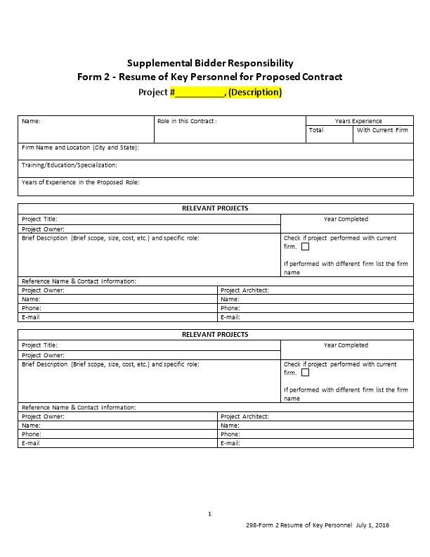 Form 2 - Resume of Key Personnel for Proposed Contract