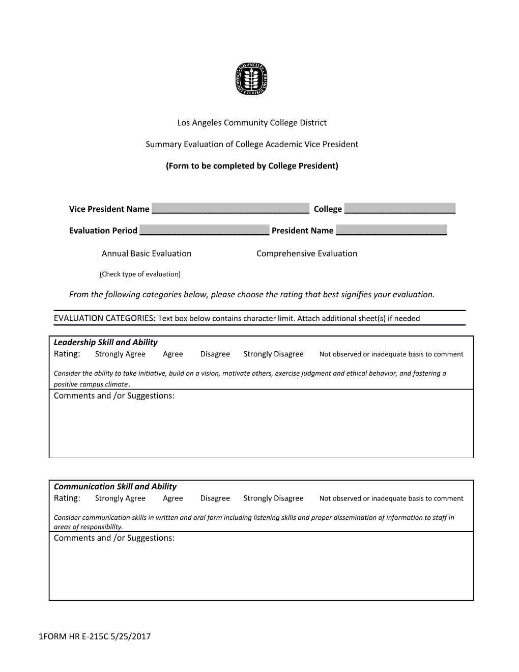 Form to Be Completed by College President