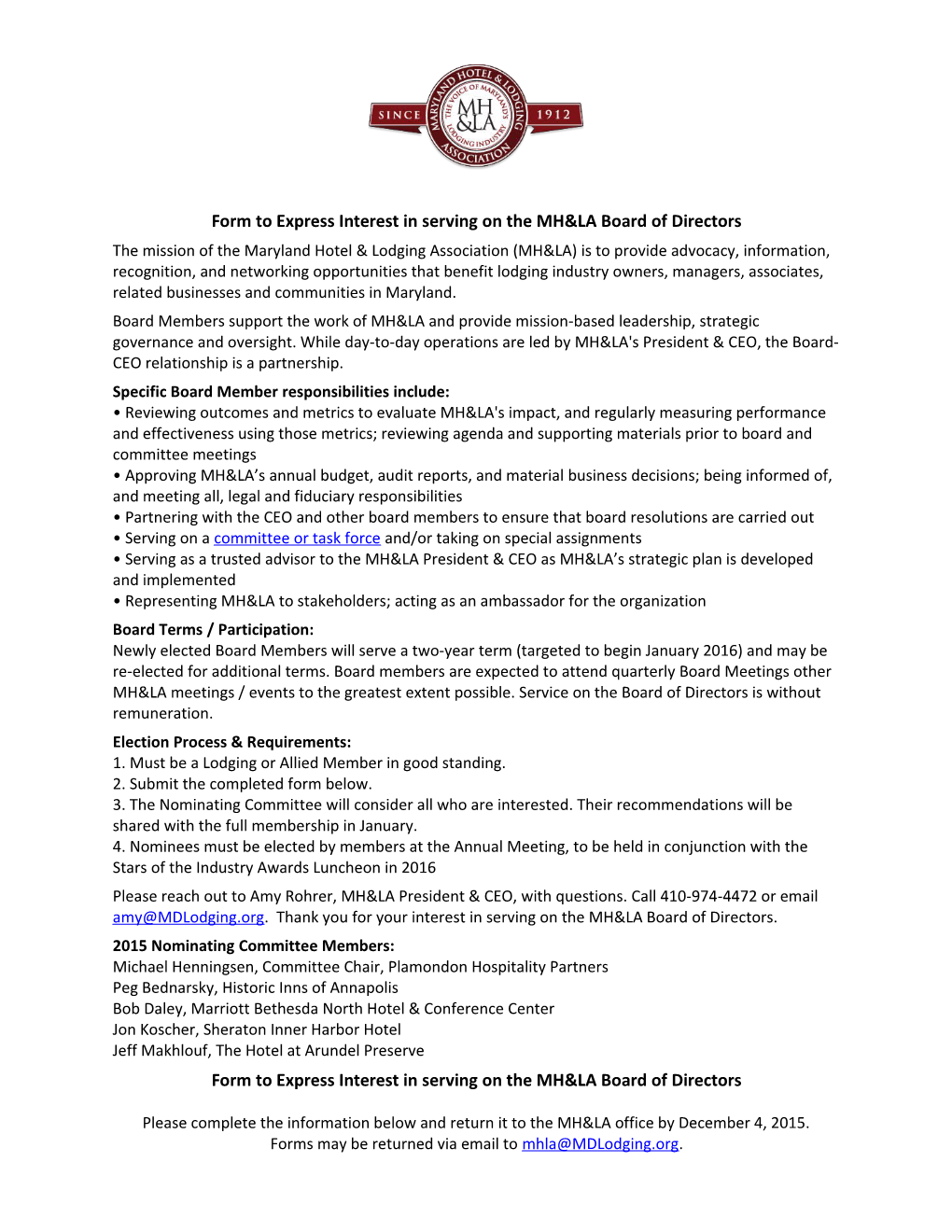 Form to Express Interest in Serving on the MH&LA Board of Directors