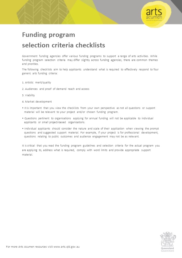 Funding Program Selection Criteria Checklists
