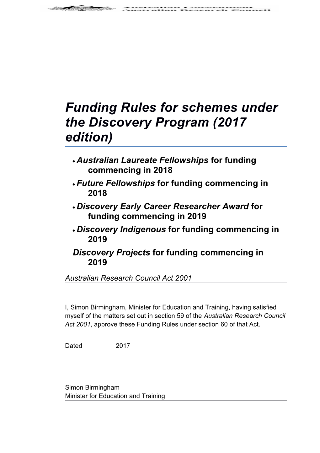 Funding Rules for Schemes Under the Discovery Program(2017Edition)