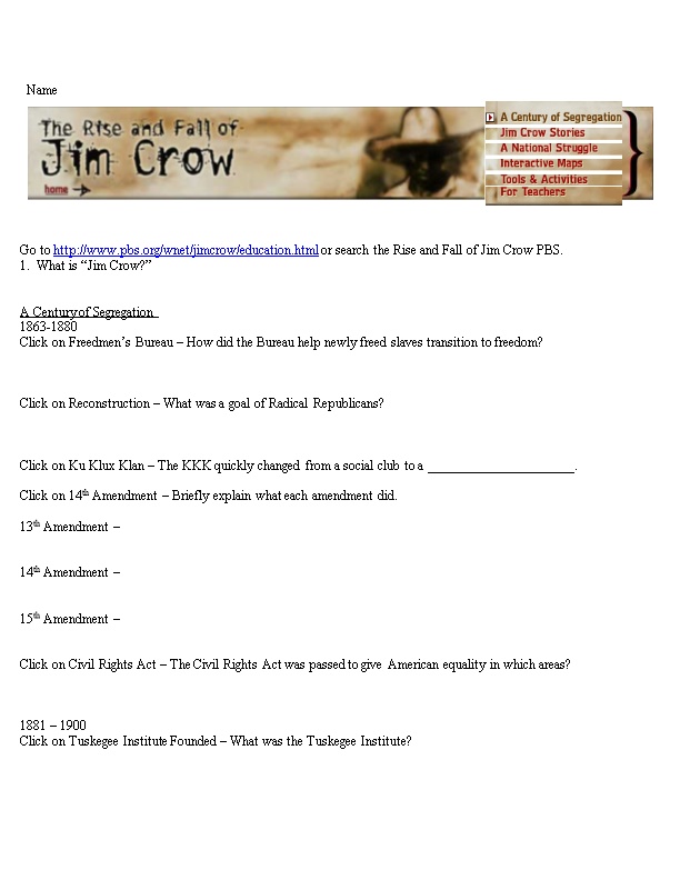 Go to Or Search the Rise and Fall of Jim Crow PBS