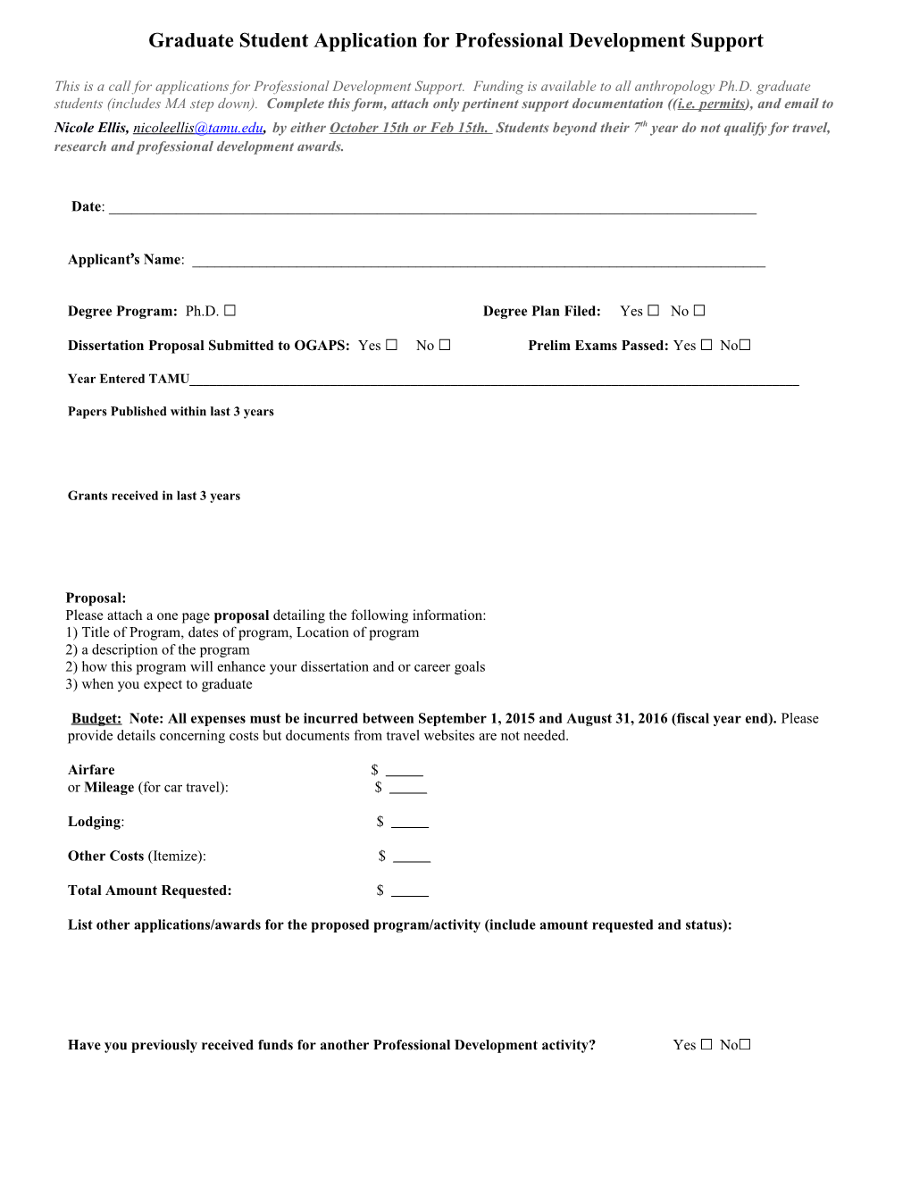 Graduate Student Application for Professional Development Support