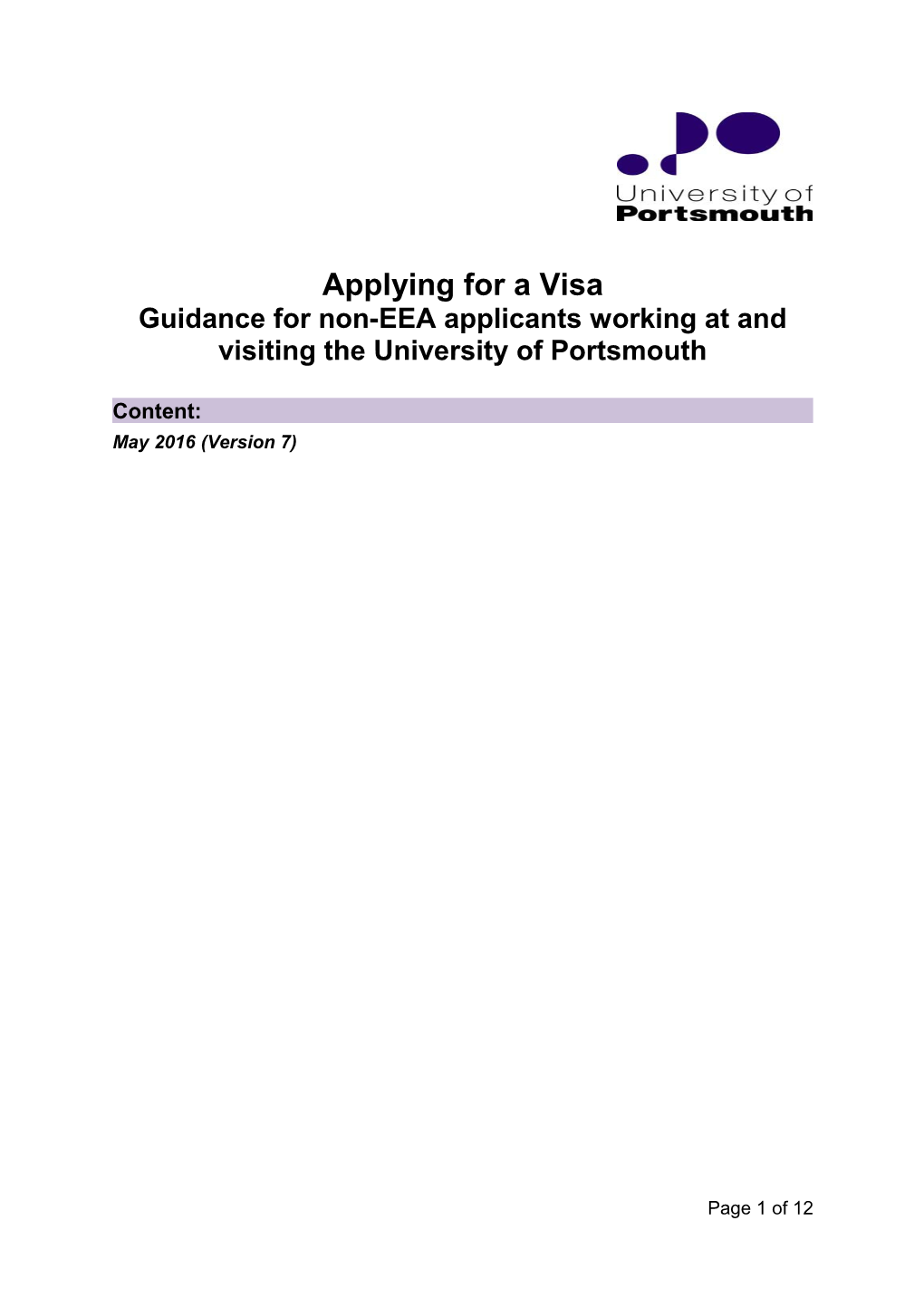 Guidance for Non-EEA Applicants Working at and Visiting the University of Portsmouth