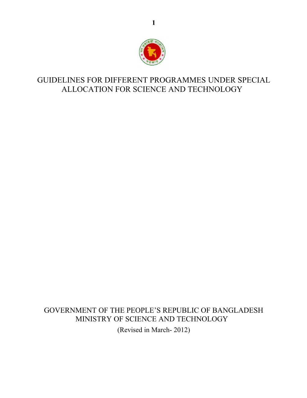 Guidelines for Different Programmes Under Special Allocation for Science and Technology