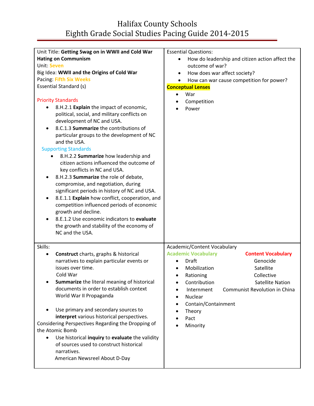 Halifax County Schools Eighth Grade Social Studies Pacing Guide 2013-2014