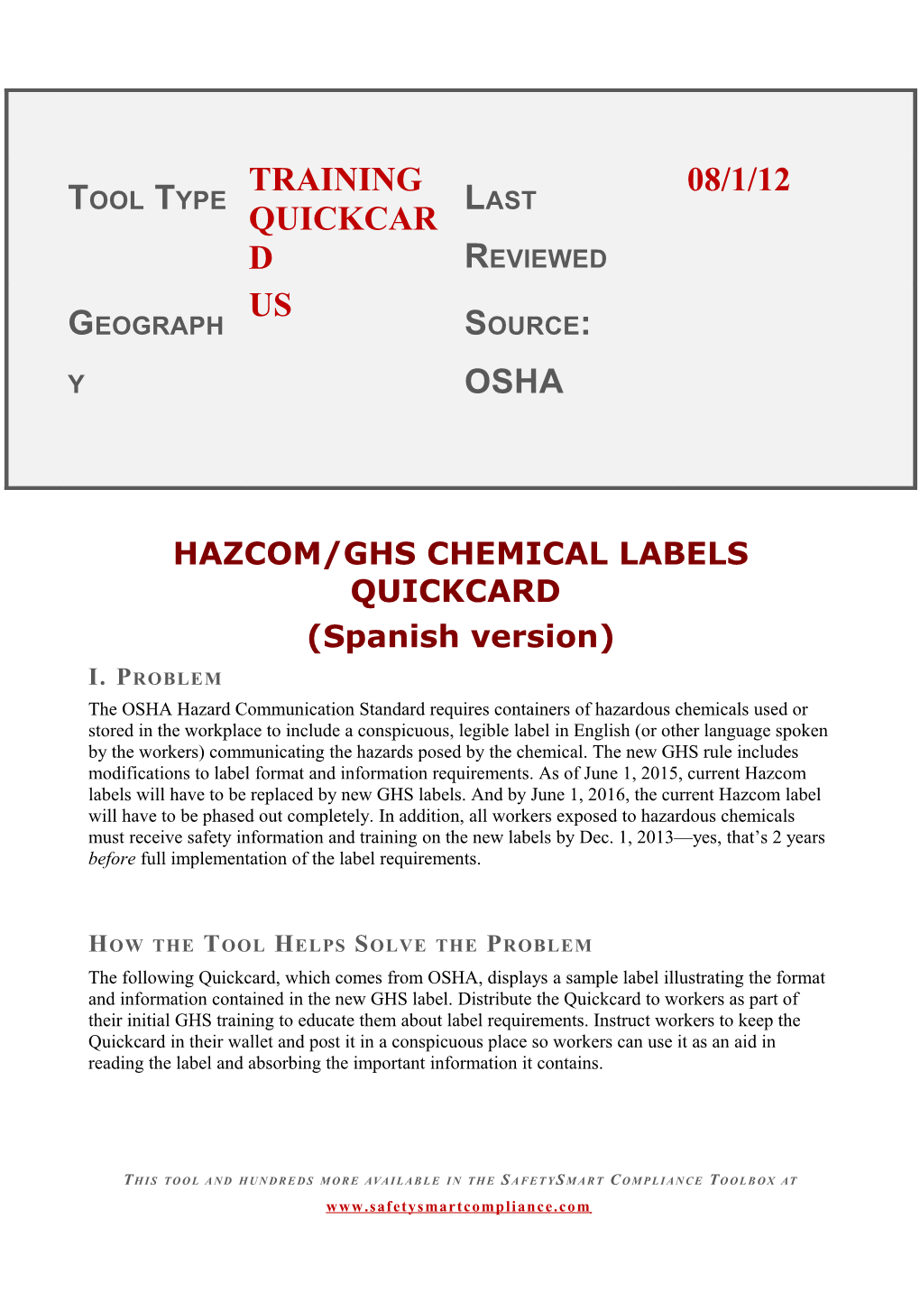 Hazcom/Ghs Chemical Labels Quickcard