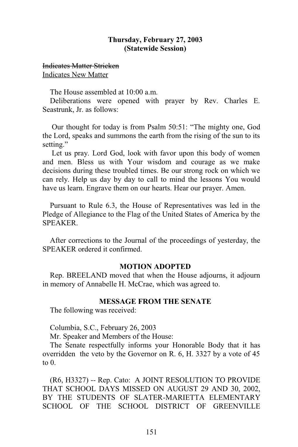 House Journal for Feb. 27, 2003 - South Carolina Legislature Online