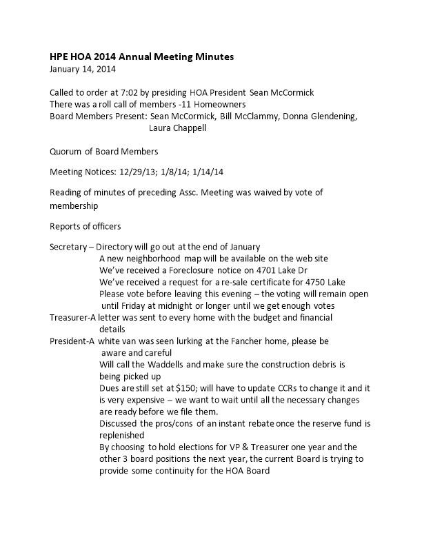 HPE HOA 2014 Annual Meeting Minutes