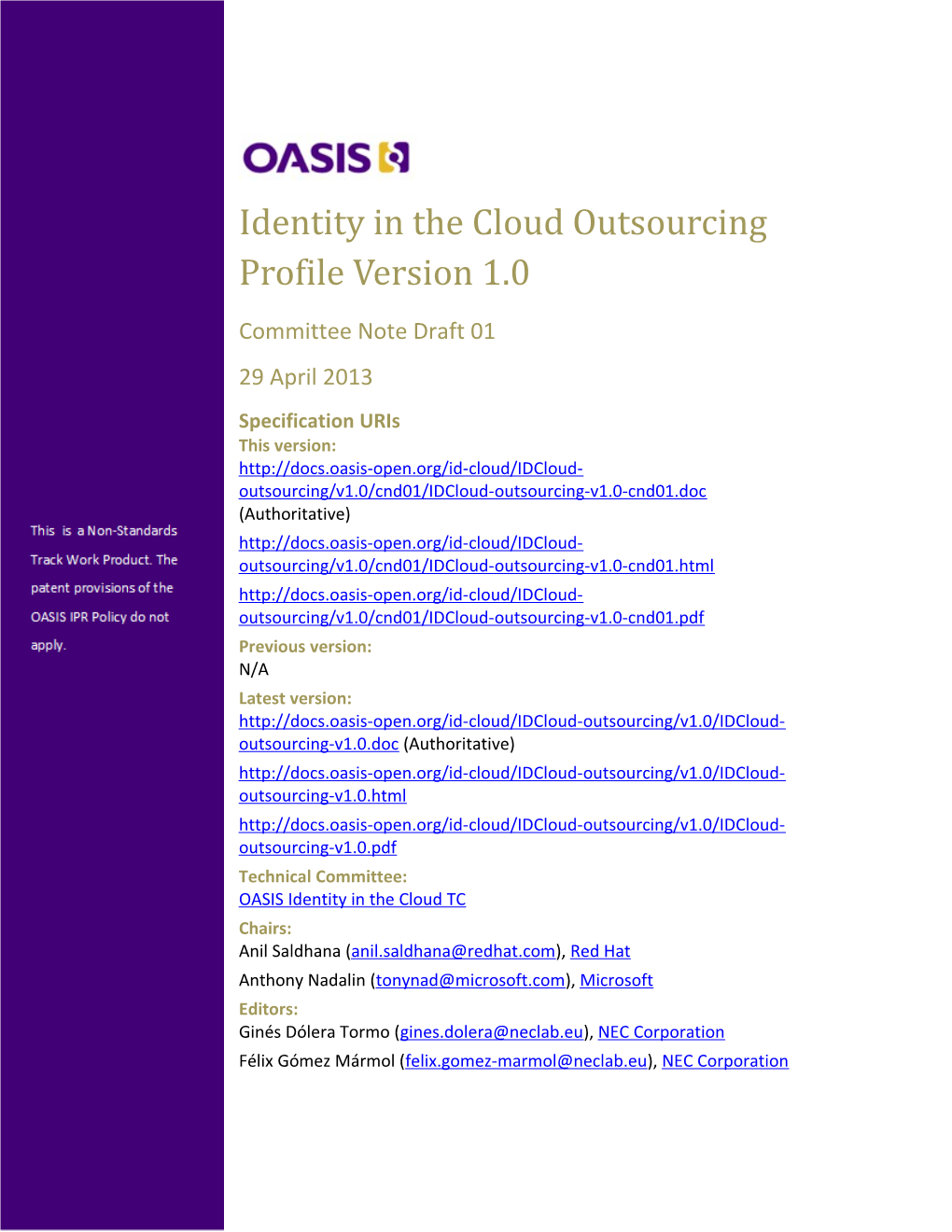 Identity in the Cloud Outsourcing Profile Version 1.0