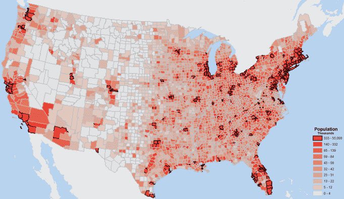 This is a U S Population distribution map that is divided by counties