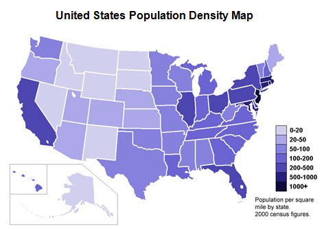 This is a map of the Population Density by state of the United States Arrows are pointing to Nevada lightest blue California dark blue Arizona medium blue Texas medium blue Alaska lightest blue and Florida dark blue