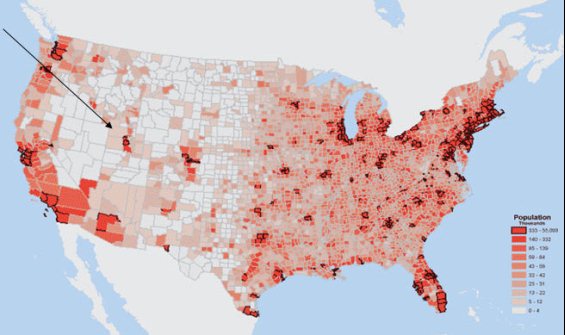 This is a U S Population distribution map that is divided by counties There is an arrow pointing at medium shaded county in western United States This shade represents 13 22 thousand people