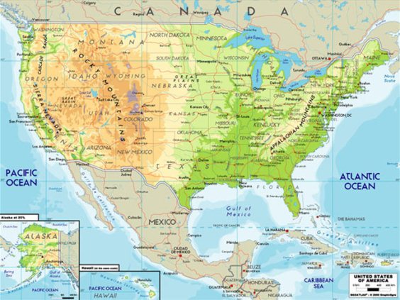 This is a physical map of the United States with insets of Hawaii and Alaska It represents the physical aspects of the United States such as mountains deserts and rivers