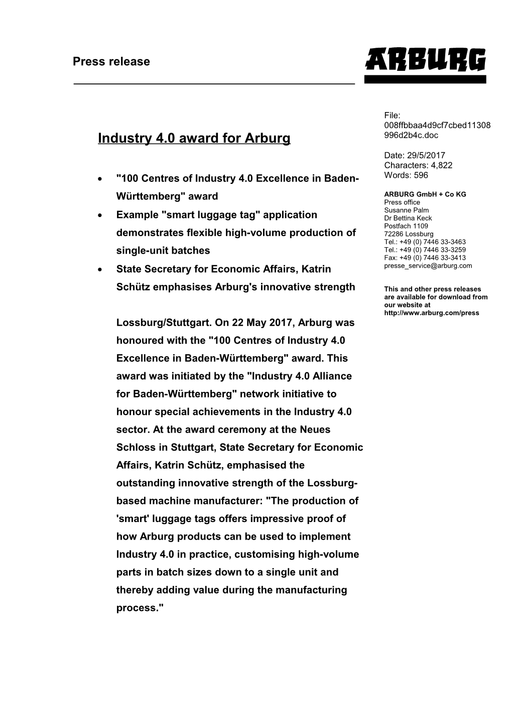 Industry 4.0 Award for Arburg