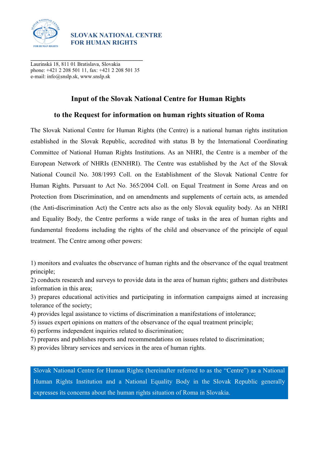 Input of the Slovak National Centre for Human Rights